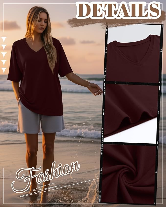 Huukeay Women's Cotton Oversized T Shirts 3 Pack V Neck Loose Fit Half Sleeve Tops Baggy Casual Summer Gym Workout Tees 2026
