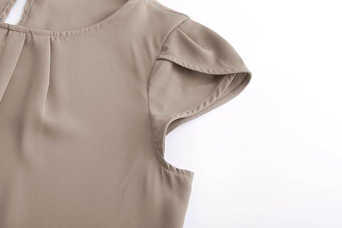 TASAMO Women's Casual Round Neck Basic Pleated Top Cap Sleeve Curved Keyhole Back Chiffon Blouse