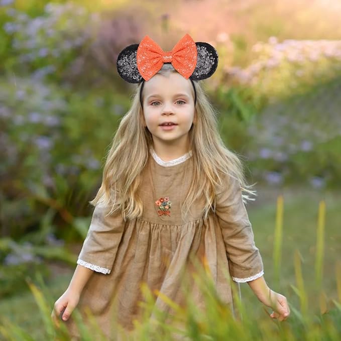 Seamoy Sequin Mouse Ears Headband, Halloween Mice Ears Hairband, Mouse and Mice Costume Hair Accessory for Women Girls (Orange Bow and Black)