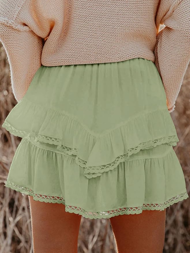 Aoudery Flowy Shorts for Women Casual Boho Ruffle Tiered Skorts High Waist Mini Skirts Golf Tennis Crochet Shorts