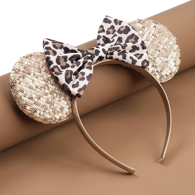 bianbaistar Champagne Sequin Mouse Ears Headband, Leopard Print Satin Bow for Theme Parks & Glam Nights