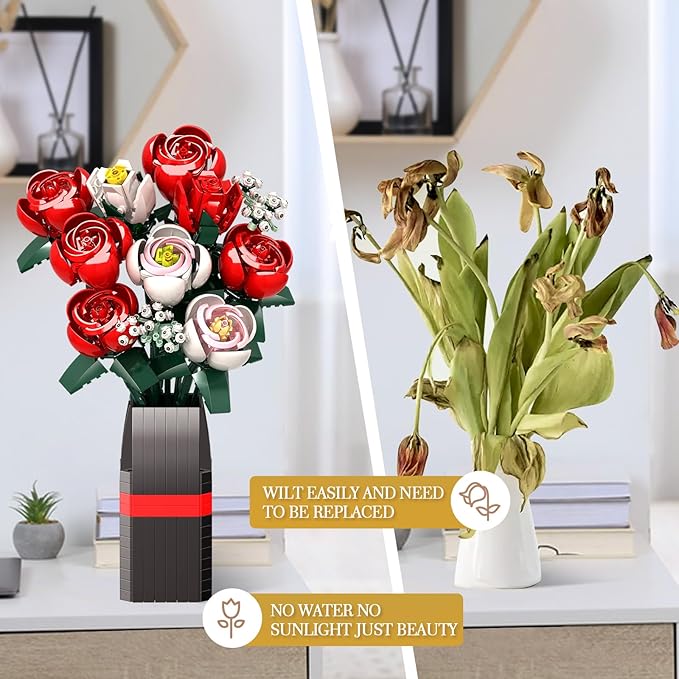 KOJAYHOL Roses Flower Bouquet Building Kit for Adults, Kids, 841PCS DIY Flowers Bouquet Building Set with Vase, Roses Artificial Flowers Building Set, Gifts Ideas for Anniversaries, Birthday, Wedding