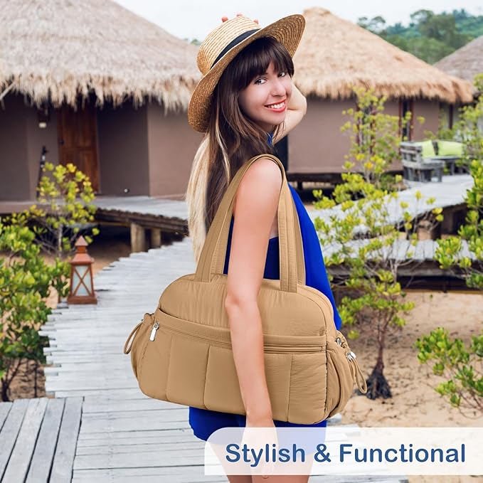 TOPDesign Travel Duffel Bag for Women, Puffer Gym Bag Sports Tote with Wet Pocket, Carry On Weekender with Luggage Sleeve (Khaki)
