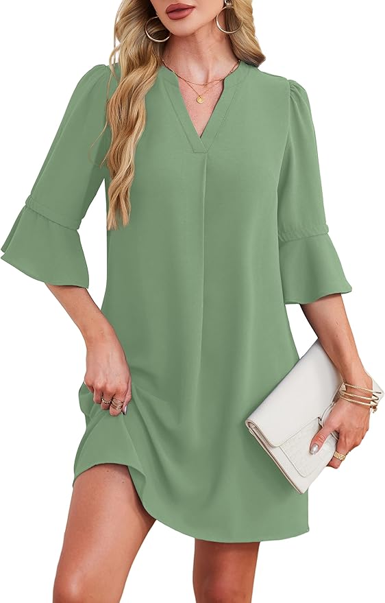 RUMIA Shift Dress for Women V Neck Ruffle Short Sleeve Loose Casual Summer Dress