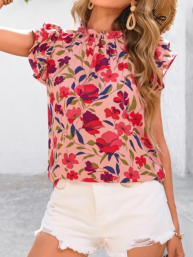 PRETTYGARDEN Women's Ruffle Short Sleeve Summer Tops 2026 Trendy Floral Trim Neck Casual Dressy Chiffon Boho Blouses Shirts