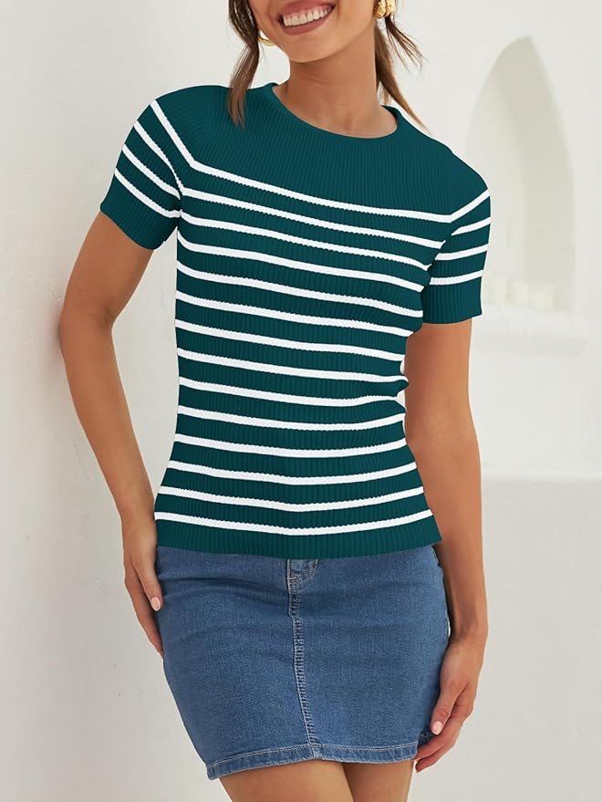 ZESICA Women's Short Sleeve Crewneck Striped T Shirt 2026 Summer Ribbed Knit Slim Fit Casual Basic Tee Tops