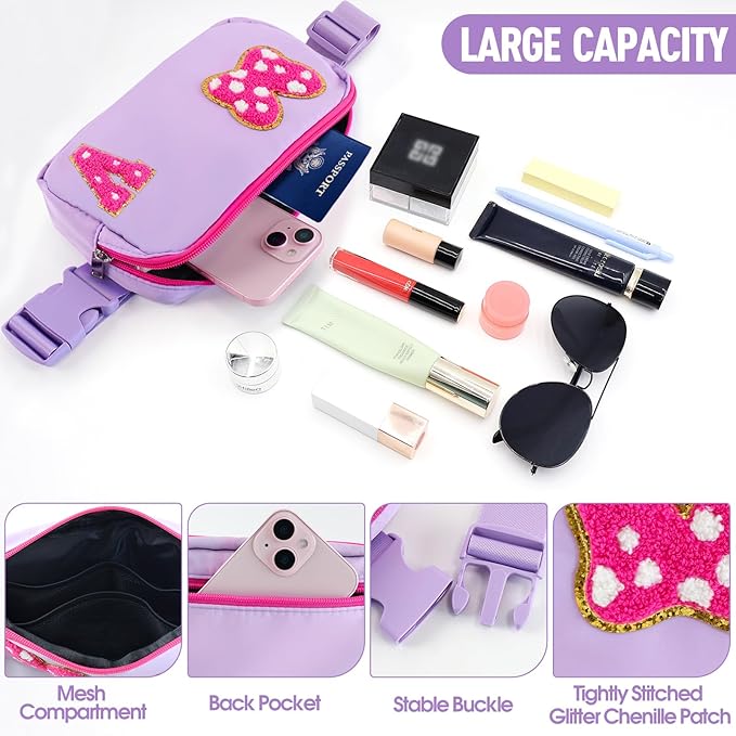 Chenille Initial Letter Bow Mouse Fanny Pack, Waterproof Park Crossbody Bag Christmas Birthday Gifts for Teen Girls Daughter Women Kids Adults, Cute Belt Bag Must Haves for Park Travel (V, Purple)