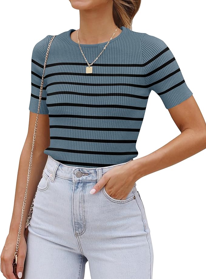 ZESICA Women's Short Sleeve Crewneck Striped T Shirt 2026 Summer Ribbed Knit Slim Fit Casual Basic Tee Tops