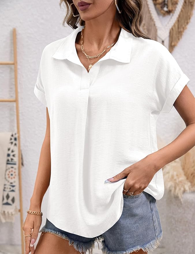 LOMON Women Blouses Spring Summer Tops for Women 2026 Short Sleeve V Neck Dressy Casual Collared Shirts Work Office