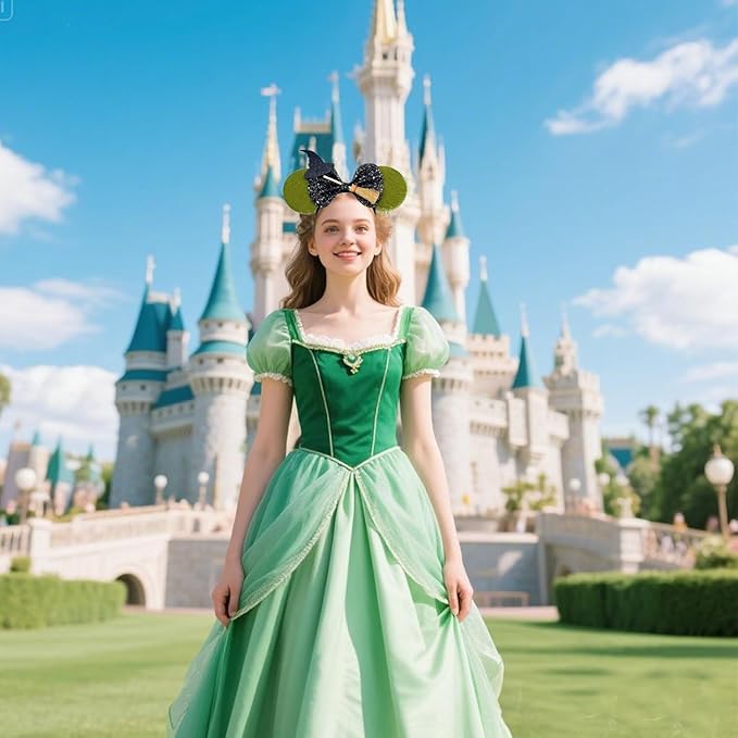 WW-WONDERFULWORLD Green Witch Mouse Ears Headband with Sequin Bow, Magic Hat and Broom, Halloween Park Costume Accessory, Birthday Party, Daily Fashion Headwear, Stage Performance