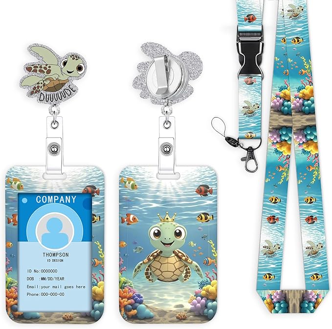 Badge Holder Lanyard Turtle Badge Reel Funny Sea Turtle Hawaiian Badge Reels Retractable Name ID Clip Cute Animal Pediatric Decorative for Nurse Nurses Office Worker Teacher Student Ocean Series