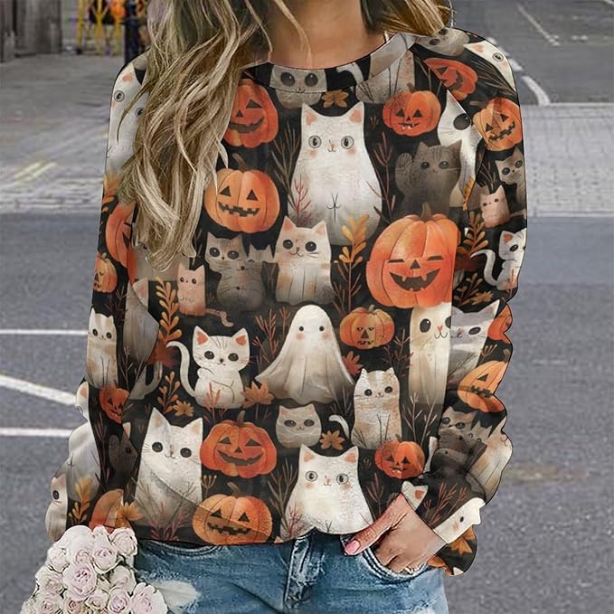 Spatofa Womens novelty funny cat printed crewneck sweatshirt casual loose long sleeve graphic pullover sweatshirts tops