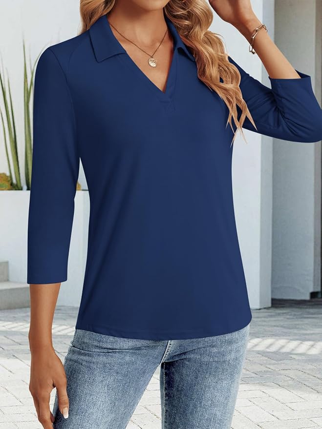 3/4 Length Sleeve Womens Tops Dressy Casual V Neck Polo Shirts Business Work Blouses 2025 Trendy Tunic Top