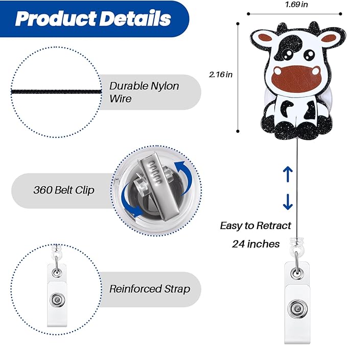 Funny Cow Badge Reel, Cute Pediatric Retractable ID Card Badge Holder, Name Tag Work Badge Clip for NICU ICU RN LPN CNA MA ER Night Shift Nurse Nursing Student OB/GYN L&D Doctor Teacher, Nurse Gifts
