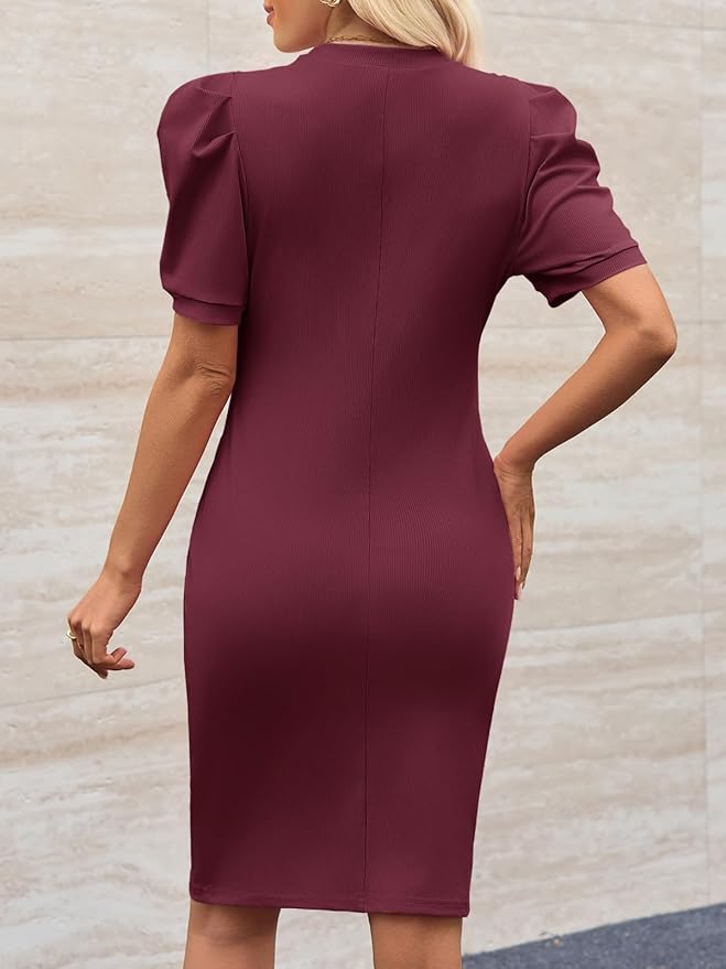 Cicy Bell Women's Puff Sleeve Bodycon Work Dresses Crew Neck Business Casual Office Pencil Dress