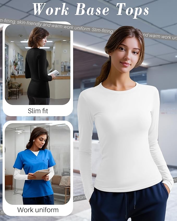 4 Pack Women's Underscrub Shirts Nurse Undershirts Long Sleeve Crewneck Slim Fit Tops Soft Stretchy Basic Tee