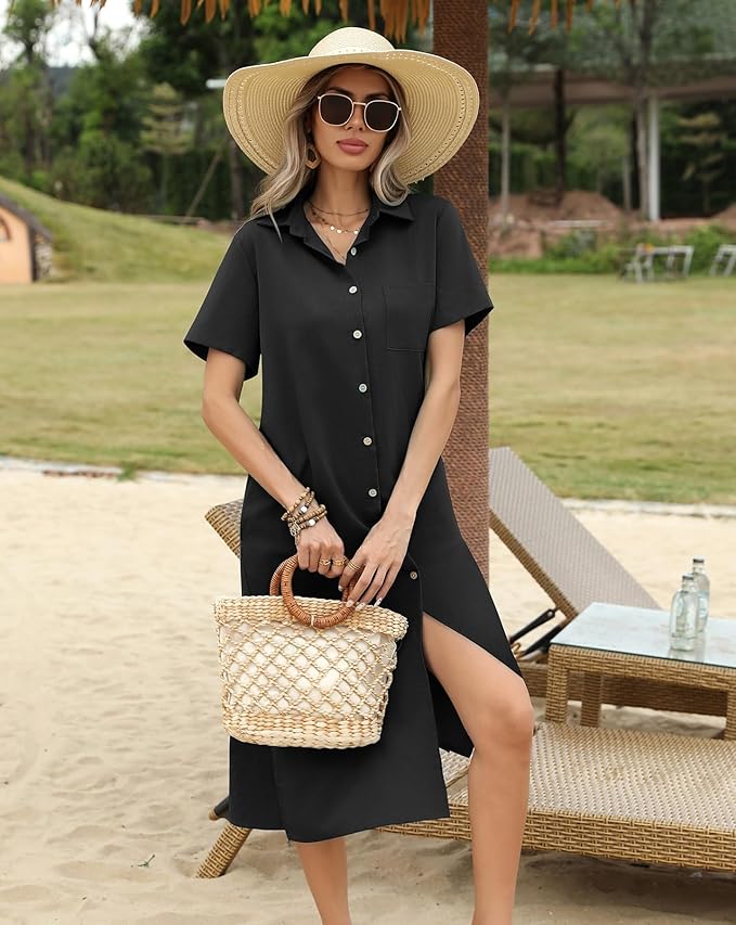 HOTOUCH Womens Dress Summer Casual Midi Short Sleeve Button Down Shirt Dresses Loose Beach Cover Up with Pockets