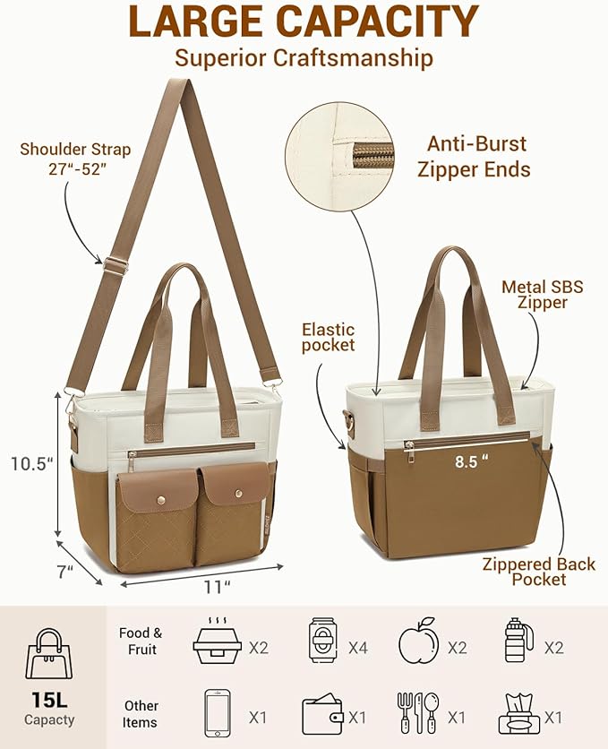 RalChyez Lunch Box for Women, Large Lunch Tote Leakproof Adult Lunch Bag Insulated Lunch Cooler Purse with Storage Pocket for Work Picnic Beach Trip Brown