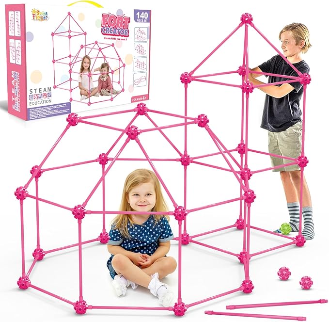 SpringFlower Fort Building Kit for Kids,STEM Construction Toys, Educational Gift for 3 4 5 6 7 8 9 10 11 12 Years Old Boys and Girls,Ultimate Creative Set for Indoor & Outdoors Activity,140 Pcs,Pink