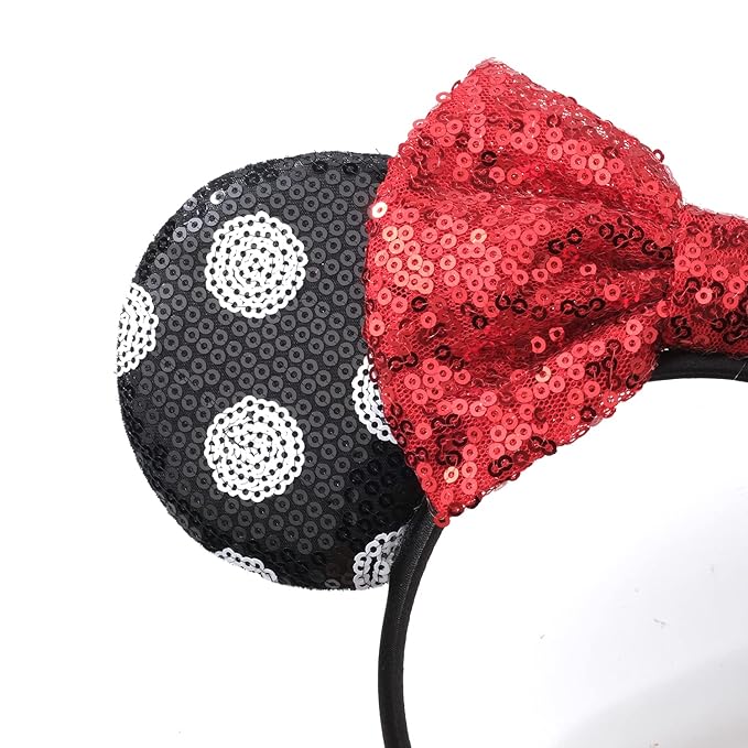 Foeran Mouse Ears Headbands Shiny Bows Mouse Ears Glitter Party Princess Decoration Cosplay Costume for Girls Women (white polka dot red)