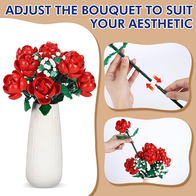 Dexblocks 780 PCS Red Rose Building Flower Bouquet Kit for Adults & Kids, DIY Artificial Flowers Set for Home Decor, Desk Display, Gifts for Women, Girls (Red Rose)