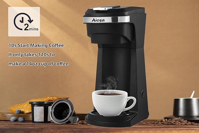 Aiosa 2 in 1 Single Serve Kcup Coffee Maker (6-14Oz), 800W Fast Brew, Compact Design with Reusable Filter, One-Button Auto Shut-Off, Travel Mug Fit, Compatible with K-Cup/Ground Coffee/Tea, Black