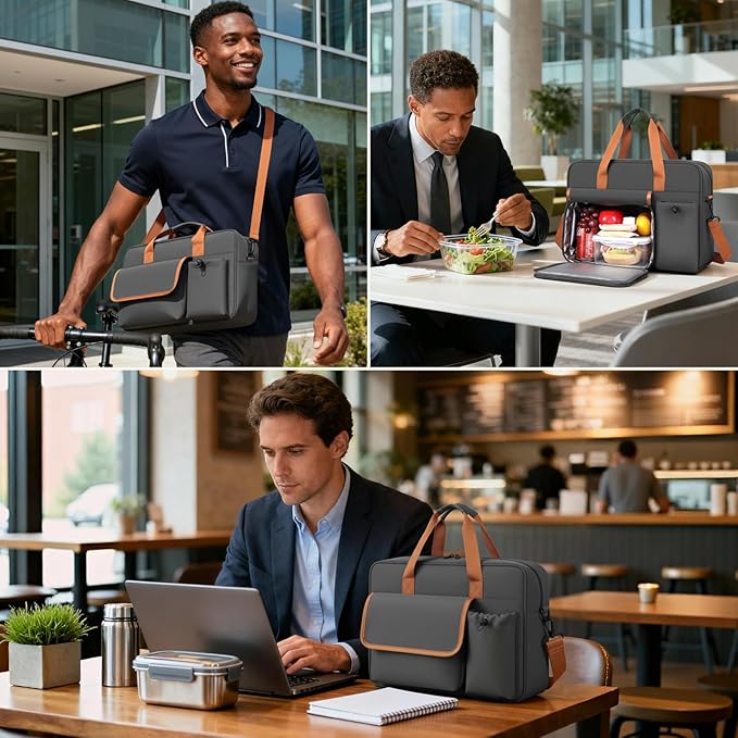 Insulated Lunch Bag & Laptop bag 2-in-1, 15.6 Inch Professional Tote for Men Women, 18L Lightweight Water-Resistant Work Bag with Bottle Pocket for Business, Office, Engineers, Teachers - Black Brown