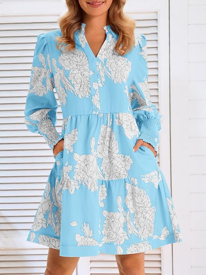 Imily Bela Womens Fall Long Sleeve Tunic Dress Casual V Neck Loose Ruffle Tiered Dress