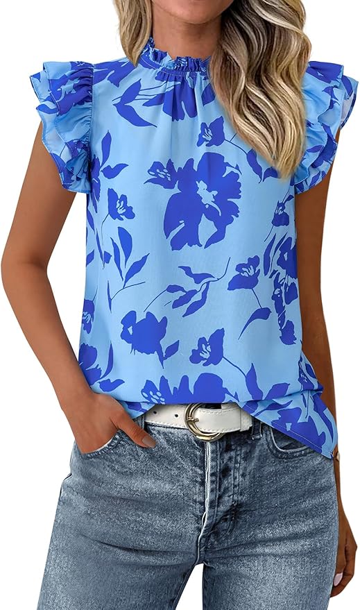 PRETTYGARDEN Women's Ruffle Short Sleeve Summer Tops 2026 Trendy Floral Trim Neck Casual Dressy Chiffon Boho Blouses Shirts
