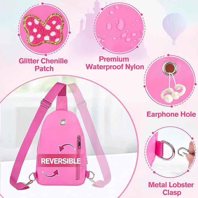 7 8 9 10 11 12 13 14 Year Old Girl Birthday Gifts, Pink Initial Bow Mouse Park Small Sling Bag for Girls Daughter Women, Teen Girl Gifts Trendy Stuff Crossbody Fanny Pack Must Haves for Park Travel K