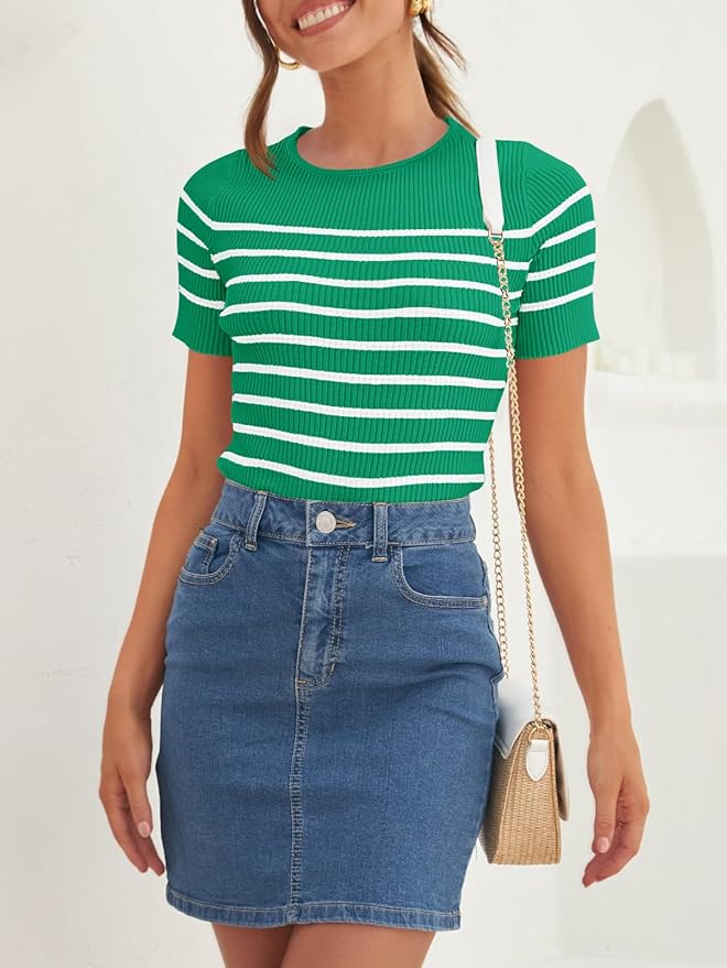 ZESICA Women's Short Sleeve Crewneck Striped T Shirt 2026 Summer Ribbed Knit Slim Fit Casual Basic Tee Tops