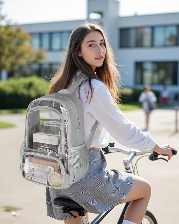 KIMNERPU Clear Backpack, Heavy Duty Transparent Bookbag for School, Fabric & PVC Transparent Backpack with Reinforced Strap for Women Men, Capacity Clear Bag for College, Travel, X-Large Grey
