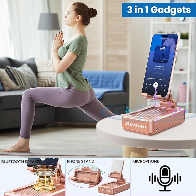 JTEMAN Cell Phone Stand with Bluetooth Speaker,Brithday Gifts for Men Women,Phone Speaker Amplifier,Kitchen Gadgets for Men,Phone Holder for Desk - Rose Gold
