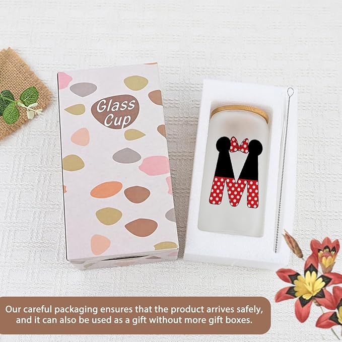 Cute Cartoon Mouse Lover Gifts Initial A-Z Personalized Iced Coffee Cup Magic Mouse Stuff Wizard Gift 16oz Glass Cup with Lid and Straws Birthday Christmas Gifts for Women Teen Girls (Letter M)