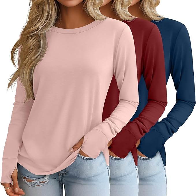 Huukeay 3 Pack Women's Long Sleeve Shirts with Thumb Holes, Cotton Casual Crew Neck Tunic Tops Fall Loose Y2k Trendy Outfits