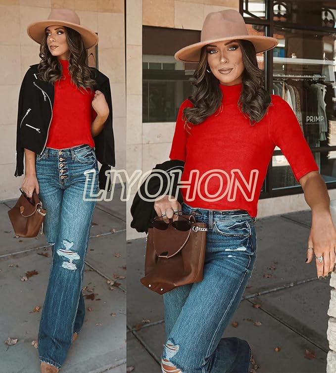 LIYOHON Womens Tops Dressy Casual Mock Turtleneck Business Short Sleeve T Shirts Going Out Tops 2026