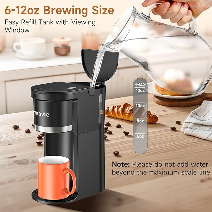 Horavie Small Single Serve Coffee Maker, Fast Brew One Cup Coffee Machine for K Cup and Grounds, 6 to 12 oz. Brew Sizes, Capsule Coffee Machine with Descaling Reminder and Viewing Tank, Black