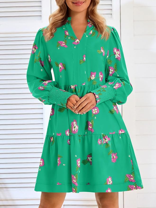 Imily Bela Womens Fall Long Sleeve Tunic Dress Casual V Neck Loose Ruffle Tiered Dress