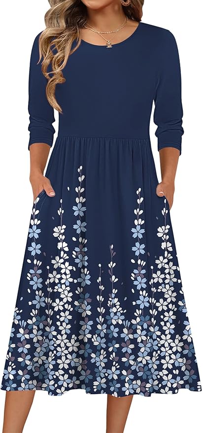 Zeagoo 3/4 Sleeve Women's Dress Casual Flowy A-Line Midi Tshirt Dresses with Pockets Crewneck Vocation Boho Beach Sundress