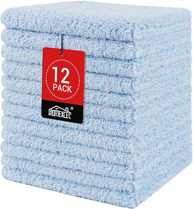 HOMEXCEL Microfiber Washcloths 12 Pack, Highly Absorbent and Soft Face Towel, Multi-Purpose Wash Cloths for Bathroom, Gym, Hotel, Spa and Kitchen, Multicolor 12x12 Inch, Blue