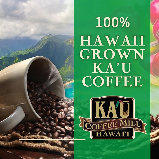 Ka'u Coffee Mill Natural Dark Roast Whole Bean Coffee - Fruit, Spice, Cocoa & Molasses Notes - Handpicked & Naturally Processed Hawaii Grown Arabica Beans - Gourmet Premium Small Batch - 8oz