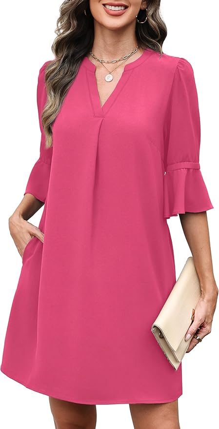 RUMIA Shift Dress for Women V Neck Ruffle Short Sleeve Loose Casual Summer Dress