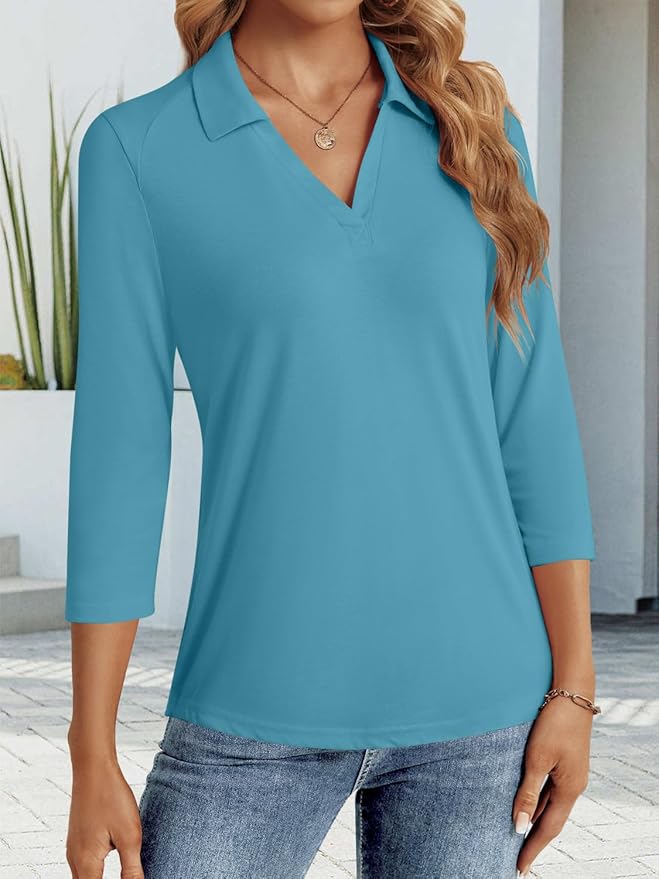 3/4 Length Sleeve Womens Tops Dressy Casual V Neck Polo Shirts Business Work Blouses 2025 Trendy Tunic Top