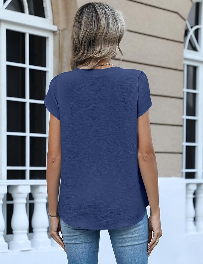 Zeagoo Womens Tops Dressy Casual Textured Blouses Cap Short Sleeve Shirts V Neck Button Up Summer Spring Work Tshirt Clothes