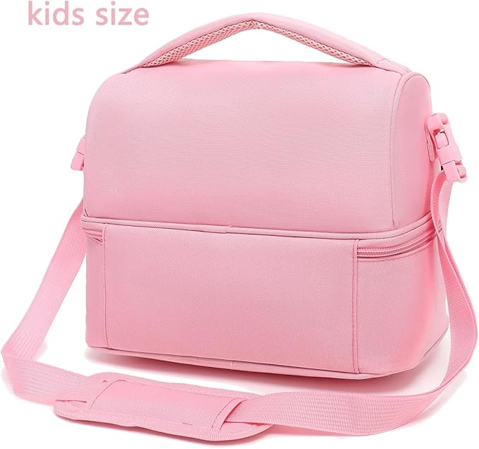 FlowFly Double Decker Cooler Insulated Lunch Bag Large Tote for Boys, Girls, Men, Women, With Adjustable Strap,Pink
