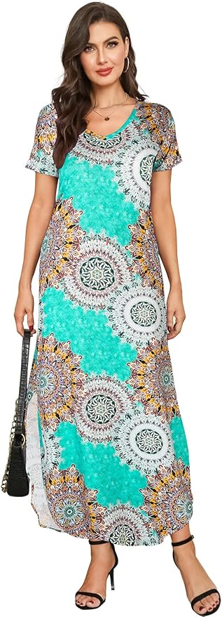 Arolina Women's Summer Maxi Dress Short Sleeve V Neck Casual Loose Long Beach Split Dresses with Pockets