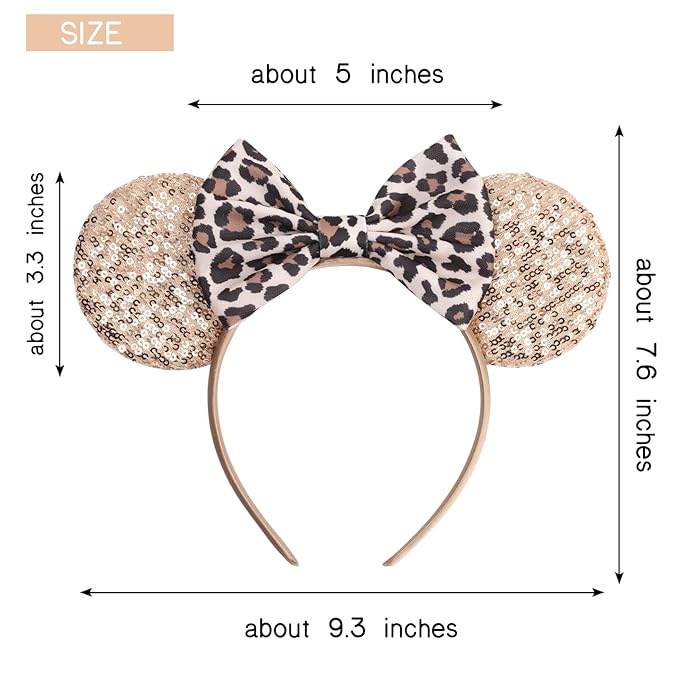 bianbaistar Champagne Sequin Mouse Ears Headband, Leopard Print Satin Bow for Theme Parks & Glam Nights