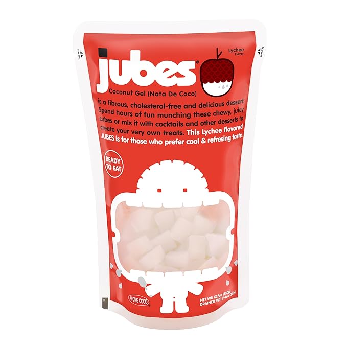 Jubes Lychee Nata De Coco Jelly Cubes (12.7 oz, Pack of 6) - Lychee Coconut Jelly Cubes for Sago - Coconut Gel in Syrup Toppings for Fruit Tea, Boba, Bubble Tea, Drinks, Desserts Yogurt, Ice Cream, Beverage