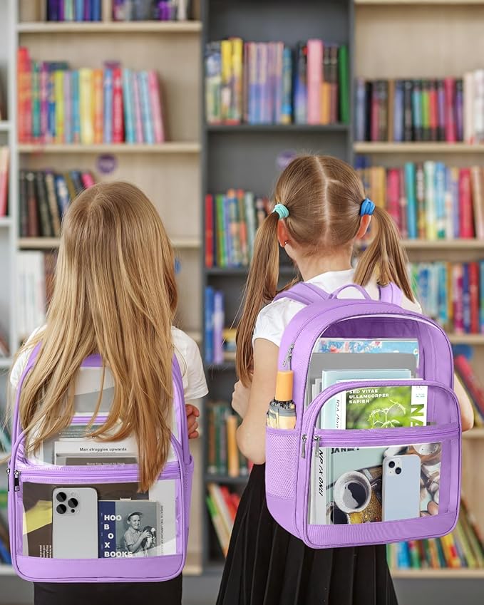 KIMNERPU Clear Backpack, Heavy Duty Transparent Bookbag for School, Fabric & PVC Transparent Backpack with Reinforced Strap for Women Men, Capacity Clear Bag for College, Travel, Purple