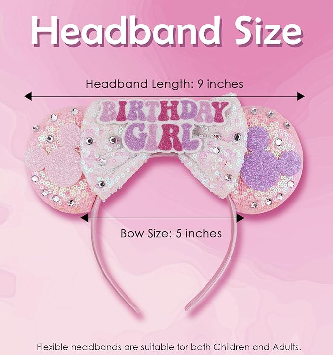 LIHELEI Mouse Ears Headband, Princess Pink Headbands for Women Birthday Party, Sequin Bows Headwear Hair Accessories- BirthdayHeadband